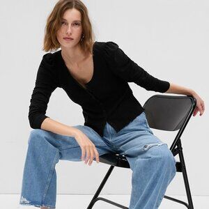 GAP Featherweight Smocked Black Button-Front Top - Size Small Petite